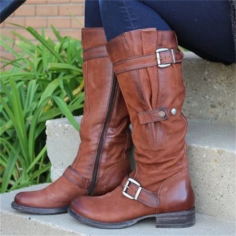 Women side zipper buckle strap chunky heel knee high boots