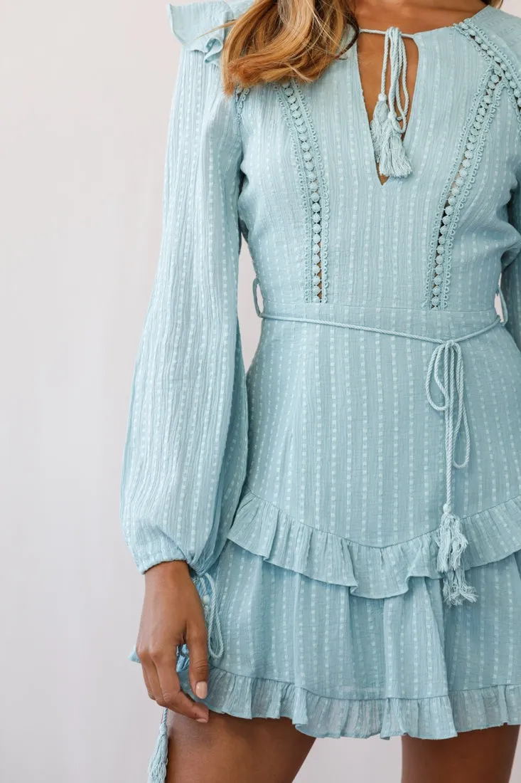 Yours Truly Bell Sleeve Ruffle Dress Sage